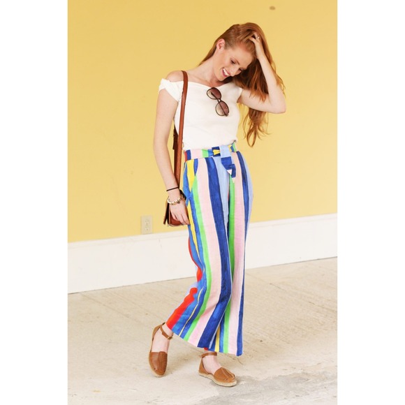 Mara Hoffman Pants - MARA HOFFMAN Rainbow Stripe Wide Leg Pants Women 4 Linen Tie Waist High Rise